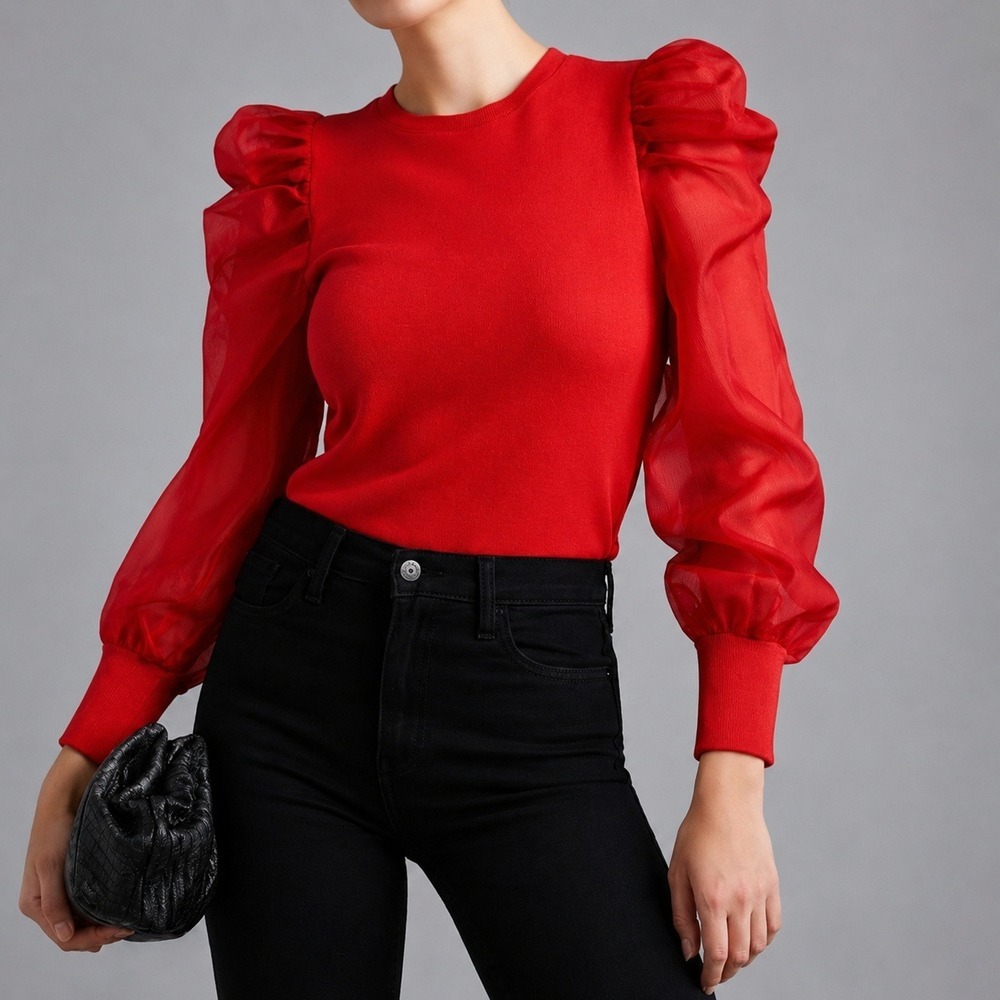 Anthropologie NEW Dolan Organza Red Puff Sleeve Top Blouse SZ XL Dark Coquette
